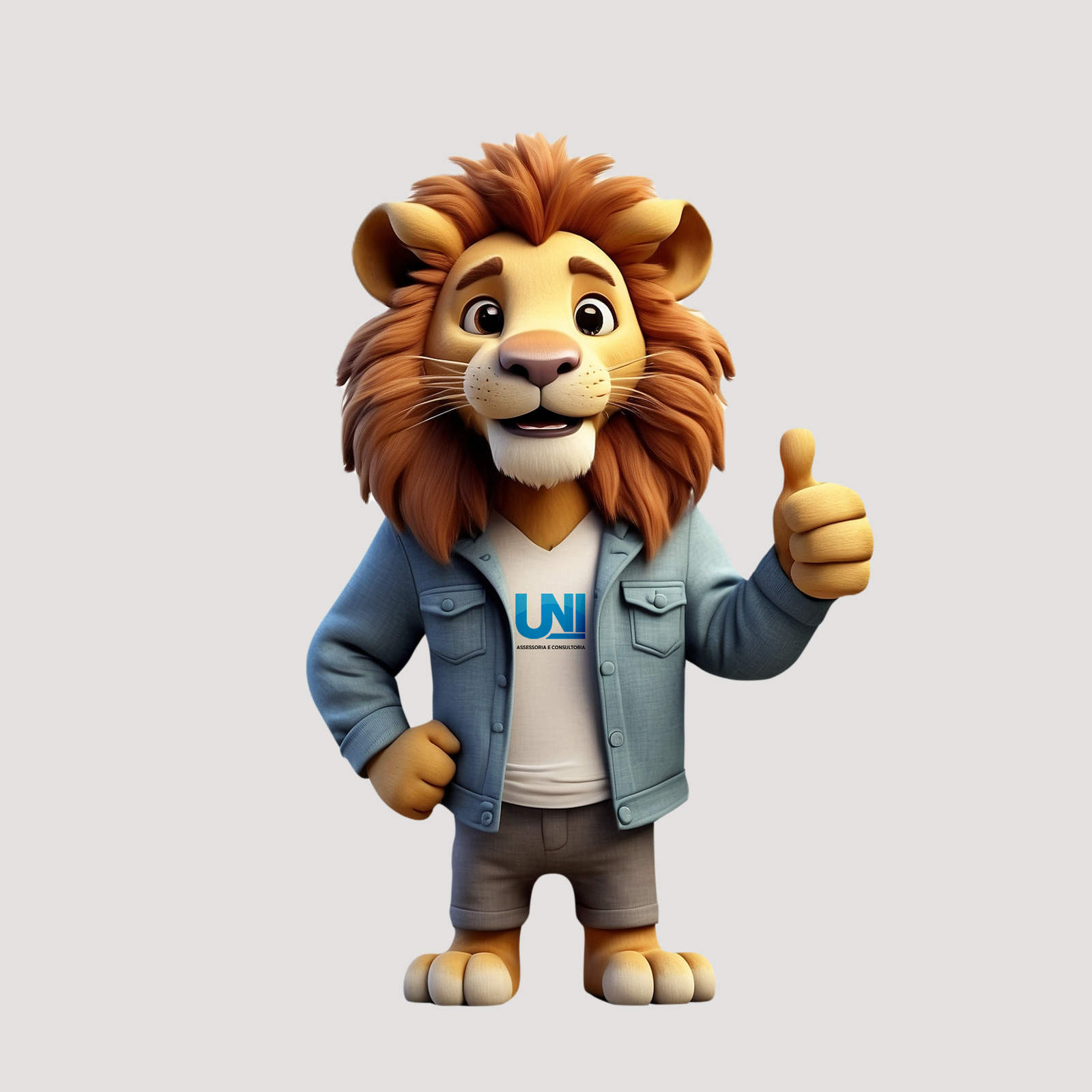 Leão, mascote da UNI Indenizações, fazendo sinal de positivo